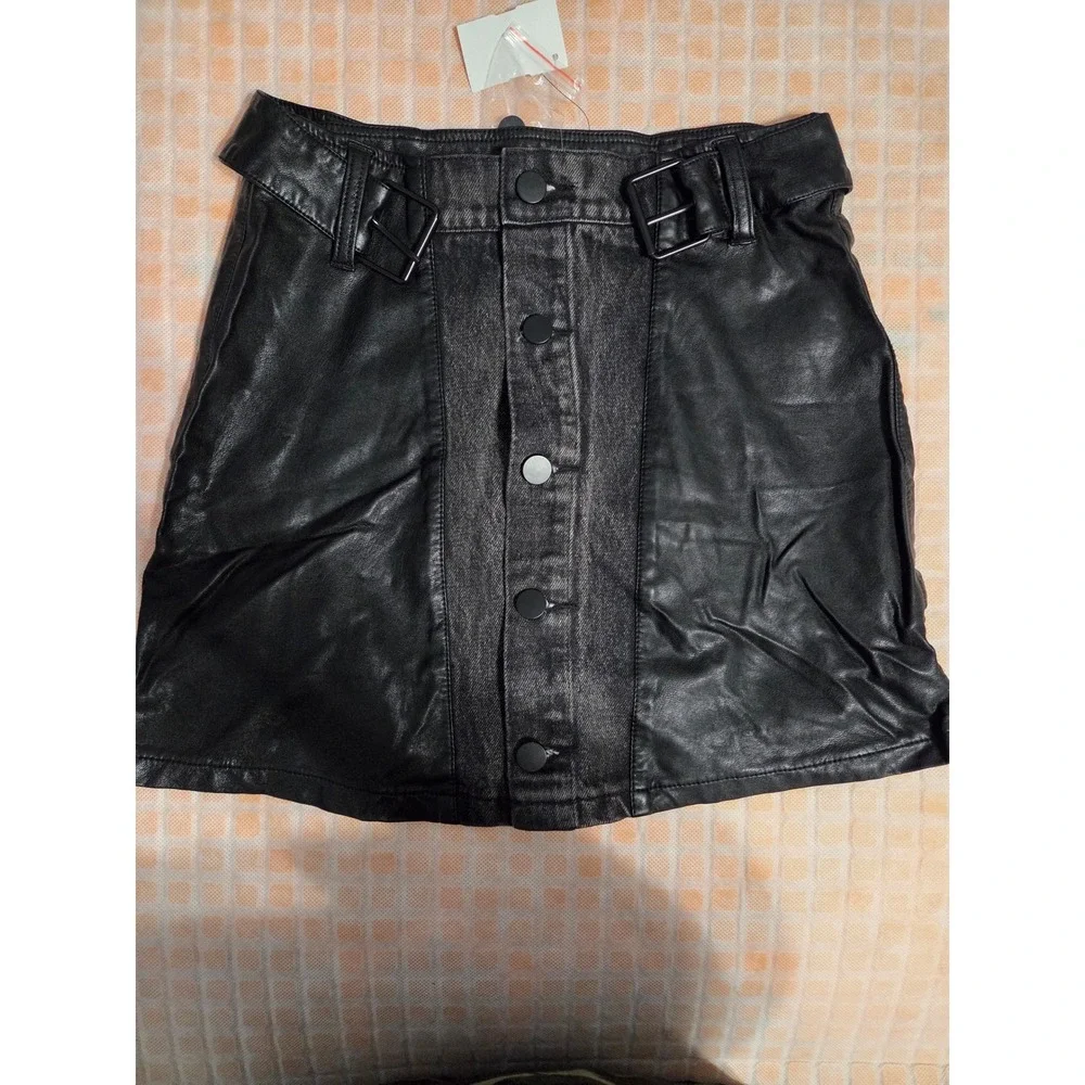 Signature 8‎ Faux Leather Denim Skirt Women Size M Black Moto Grunge Goth Mini